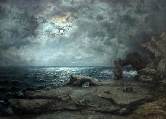 L. V. Erhardt (19th C. Austrian) Moonlit coastal landscape 32 x 48in.